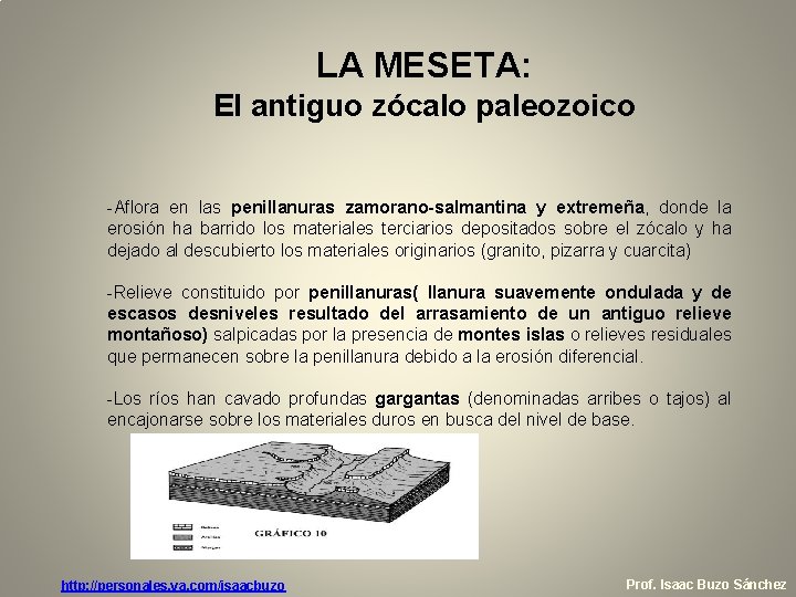 LA MESETA: El antiguo zócalo paleozoico -Aflora en las penillanuras zamorano-salmantina y extremeña, donde