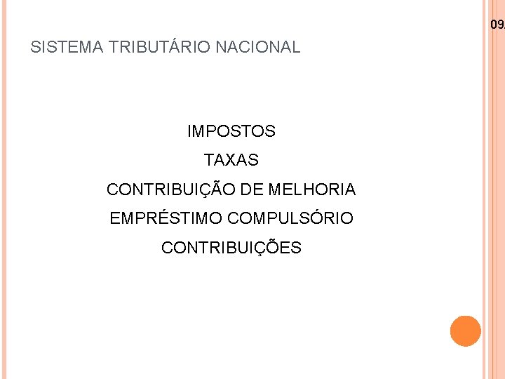 09/ SISTEMA TRIBUTÁRIO NACIONAL IMPOSTOS TAXAS CONTRIBUIÇÃO DE MELHORIA EMPRÉSTIMO COMPULSÓRIO CONTRIBUIÇÕES 