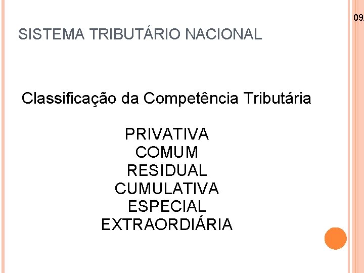 09/ SISTEMA TRIBUTÁRIO NACIONAL Classificação da Competência Tributária PRIVATIVA COMUM RESIDUAL CUMULATIVA ESPECIAL EXTRAORDIÁRIA