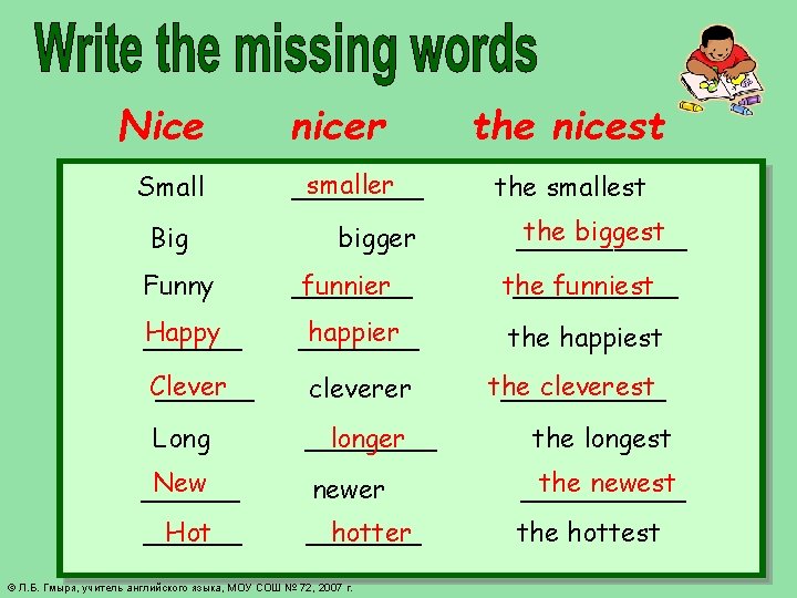 Nice Small Big Funny Happy _____ nicer smaller ____ bigger ______ funnier the nicest