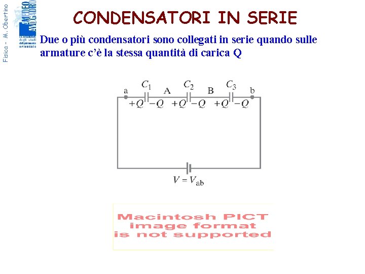 Fisica - M. Obertino CONDENSATORI IN SERIE Due o più condensatori sono collegati in