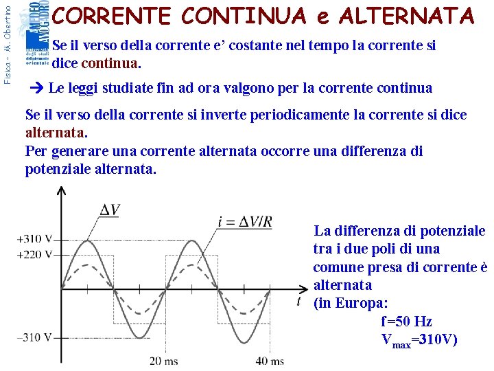 Fisica - M. Obertino CORRENTE CONTINUA e ALTERNATA Se il verso della corrente e’
