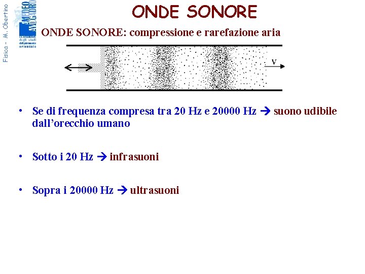 Fisica - M. Obertino ONDE SONORE ONDE SONORE: compressione e rarefazione aria • Se