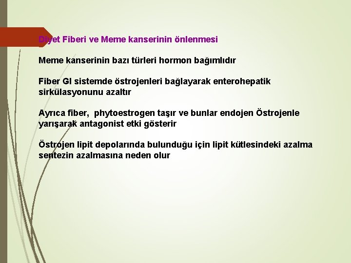 Diyet Fiberi ve Meme kanserinin önlenmesi Meme kanserinin bazı türleri hormon bağımlıdır Fiber GI
