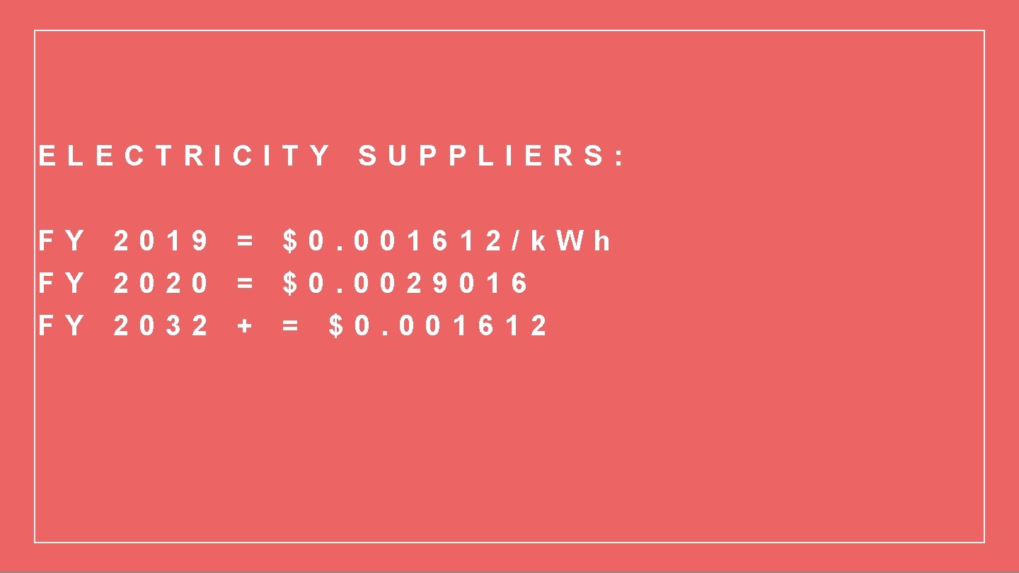 ELECTRICITY FY FY FY 2019 2020 2032 = = + SUPPLIERS: $0. 001612/k. Wh