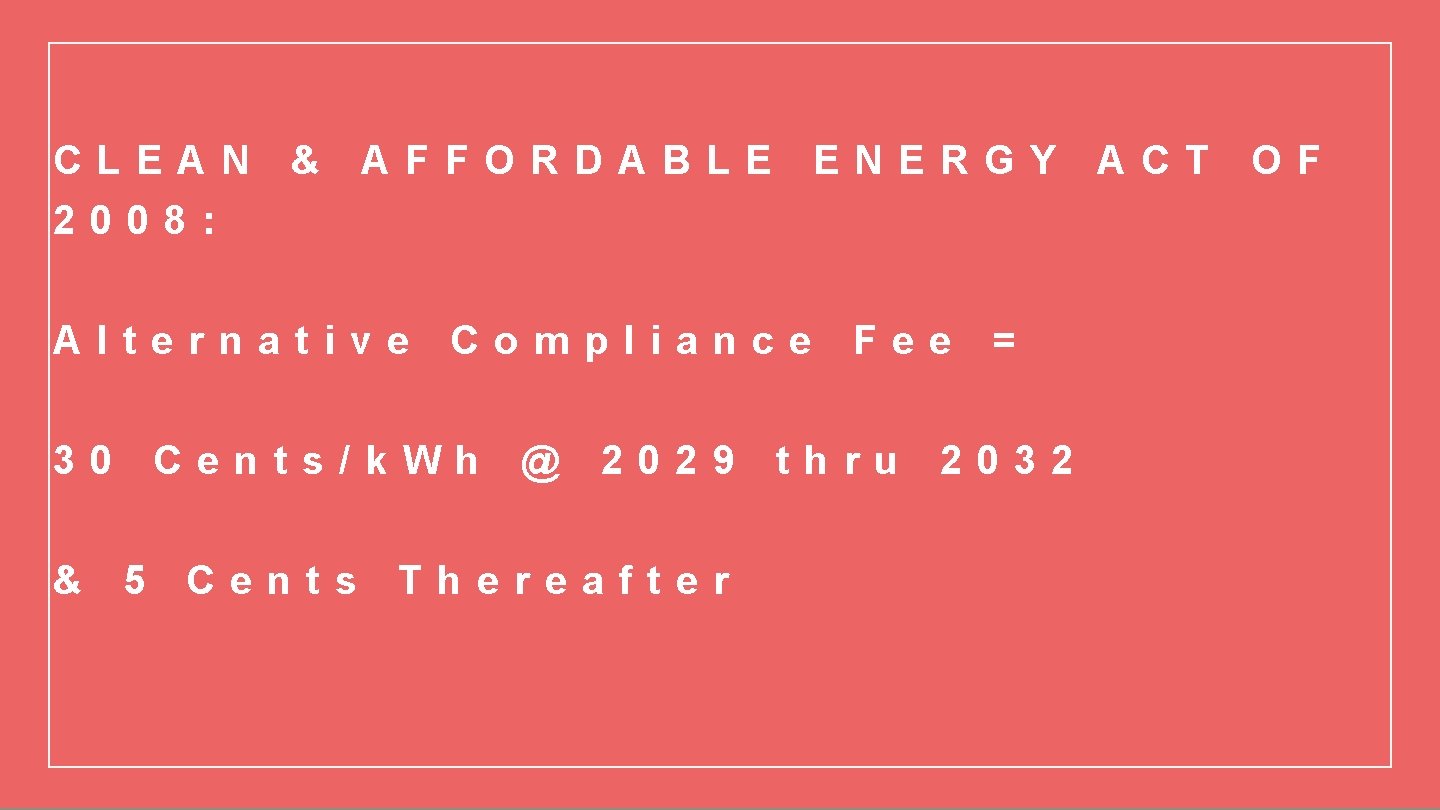 CLEAN 2008: & AFFORDABLE Alternative 30 & Compliance Cents/k. Wh 5 Cents ENERGY @