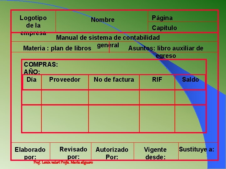 Logotipo de la empresa Nombre Página Capítulo Manual de sistema de contabilidad general Materia