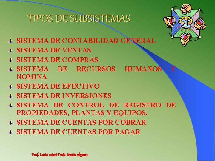 TIPOS DE SUBSISTEMAS SISTEMA DE CONTABILIDAD GENERAL SISTEMA DE VENTAS SISTEMA DE COMPRAS SISTEMA