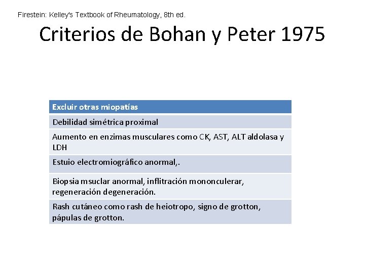 Firestein: Kelley's Textbook of Rheumatology, 8 th ed. Criterios de Bohan y Peter 1975 Firestein: Kelley's Textbook of Rheumatology, 8 th ed. Criterios de Bohan y Peter 1975