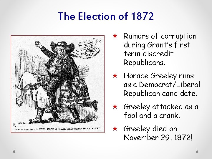 The Election of 1872 « Rumors of corruption during Grant’s first term discredit Republicans.