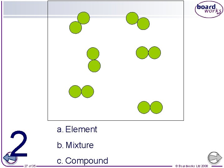 2 27 of 35 a. Element b. Mixture c. Compound © Boardworks Ltd 2008