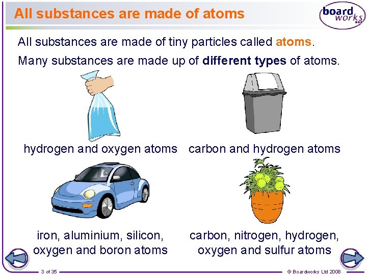 All substances are made of atoms All substances are made of tiny particles called