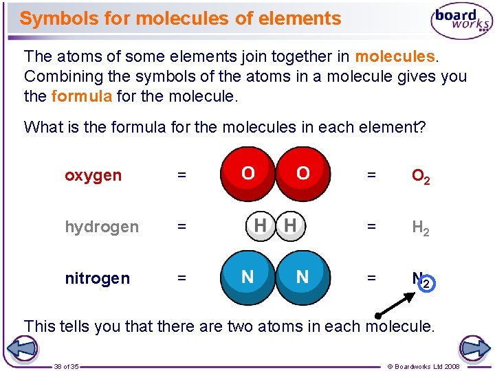 Symbols for molecules of elements The atoms of some elements join together in molecules.