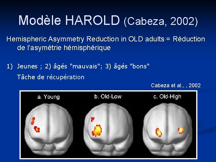 Modèle HAROLD (Cabeza, 2002) Hemispheric Asymmetry Reduction in OLD adults = Réduction de l’asymétrie Modèle HAROLD (Cabeza, 2002) Hemispheric Asymmetry Reduction in OLD adults = Réduction de l’asymétrie