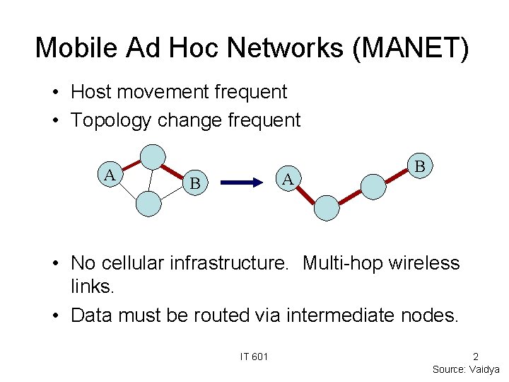 Mobile Ad Hoc Networks (MANET) • Host movement frequent • Topology change frequent A