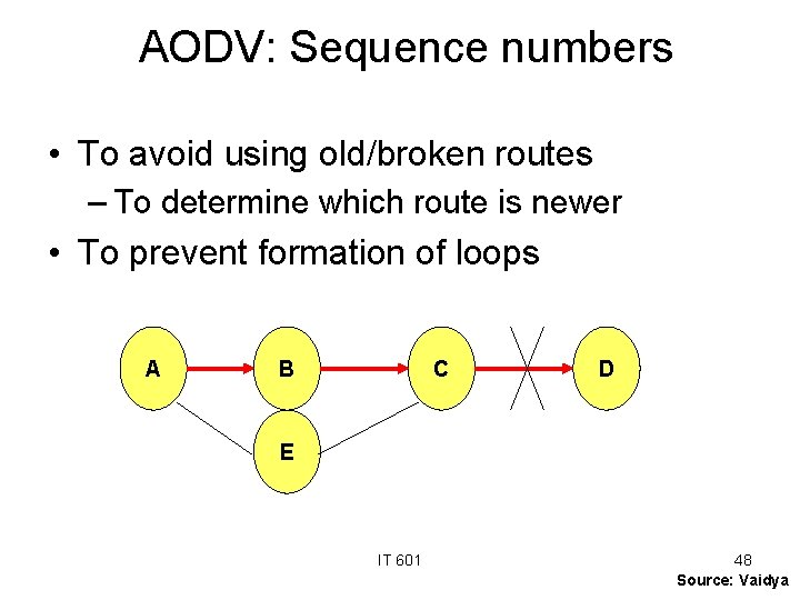 AODV: Sequence numbers • To avoid using old/broken routes – To determine which route