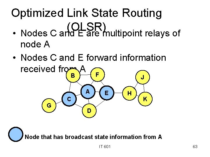 Optimized Link State Routing (OLSR) • Nodes C and E are multipoint relays of
