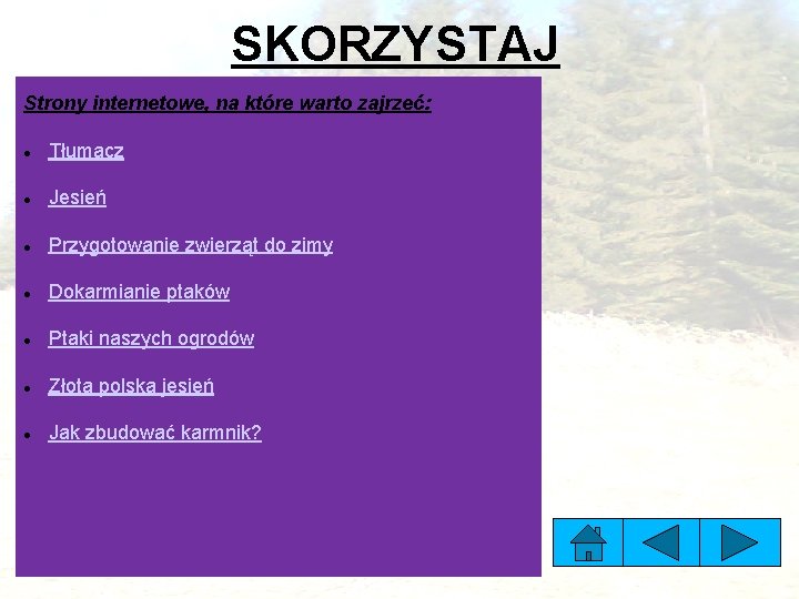 SKORZYSTAJ Strony internetowe, na które warto zajrzeć: Tłumacz Jesień Przygotowanie zwierząt do zimy Dokarmianie