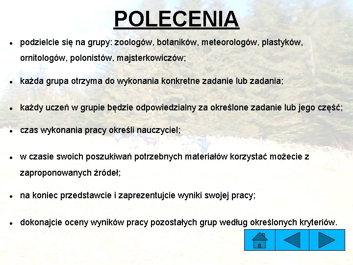 POLECENIA podzielcie się na grupy: zoologów, botaników, meteorologów, plastyków, ornitologów, polonistów, majsterkowiczów; każda grupa