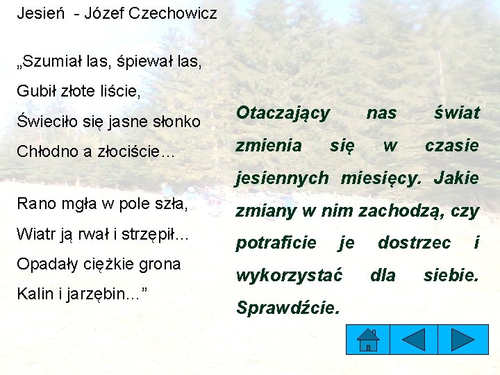 Jesień - Józef Czechowicz „Szumiał las, śpiewał las, Gubił złote liście, Świeciło się jasne