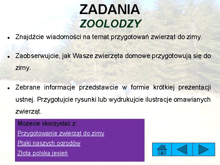 ZADANIA ZOOLODZY Znajdźcie wiadomości na temat przygotowań zwierząt do zimy. Zaobserwujcie, jak Wasze zwierzęta