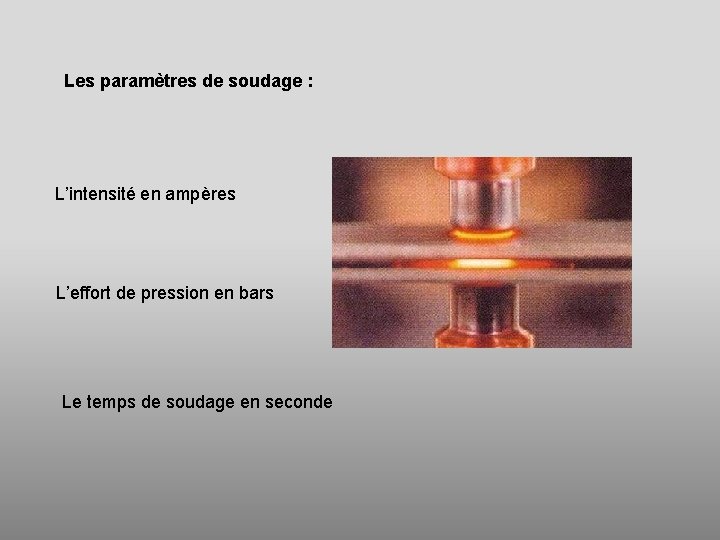 Les paramètres de soudage : L’intensité en ampères L’effort de pression en bars Le
