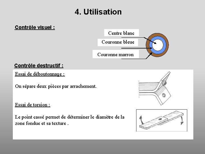 4. Utilisation Contrôle visuel : Centre blanc Couronne bleue Couronne marron Contrôle destructif :