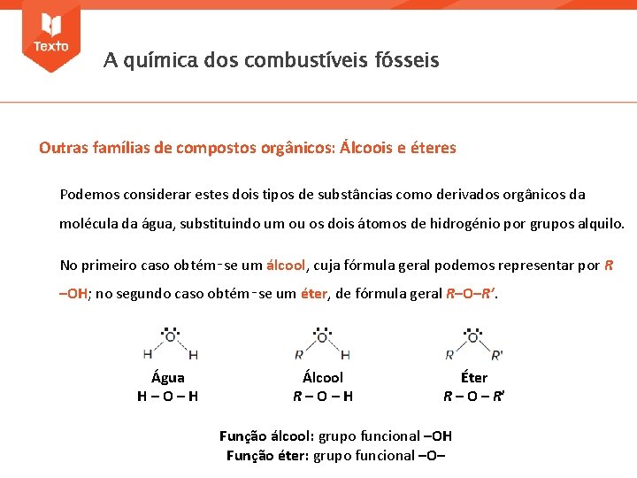 A química dos combustíveis fósseis Outras famílias de compostos orgânicos: Álcoois e éteres Podemos