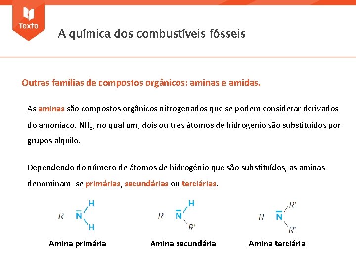 A química dos combustíveis fósseis Outras famílias de compostos orgânicos: aminas e amidas. As