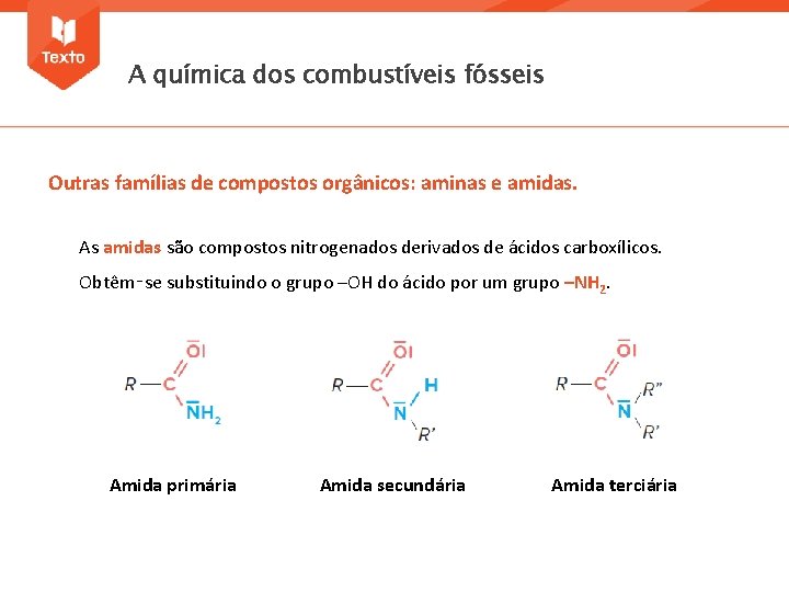 A química dos combustíveis fósseis Outras famílias de compostos orgânicos: aminas e amidas. As