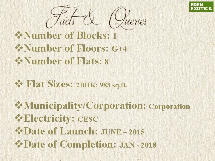 v. Number of Blocks: 1 v. Number of Floors: G+4 v. Number of Flats: