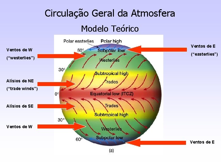 Circulação Geral da Atmosfera Modelo Teórico Ventos de W (“westerlies”) Ventos de E (“easterlies”)