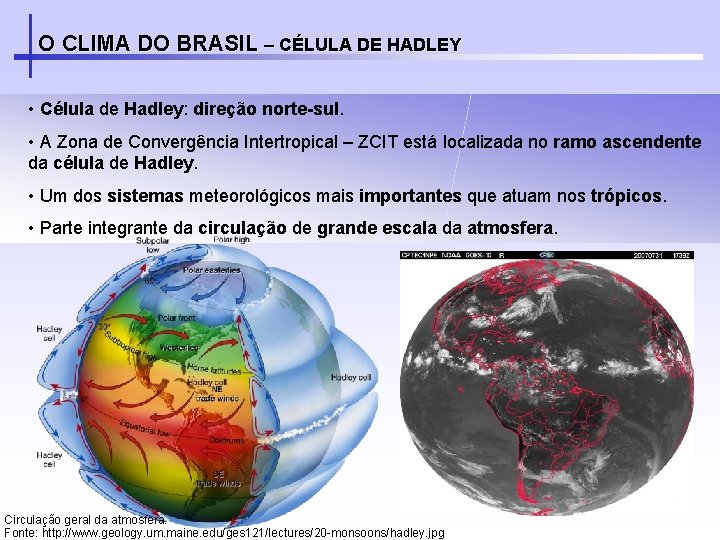 O CLIMA DO BRASIL – CÉLULA DE HADLEY • Célula de Hadley: direção norte-sul.