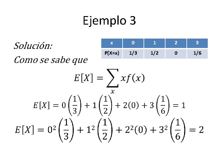 Ejemplo 3 • x 0 1 2 3 P(X=x) 1/3 1/2 0 1/6 