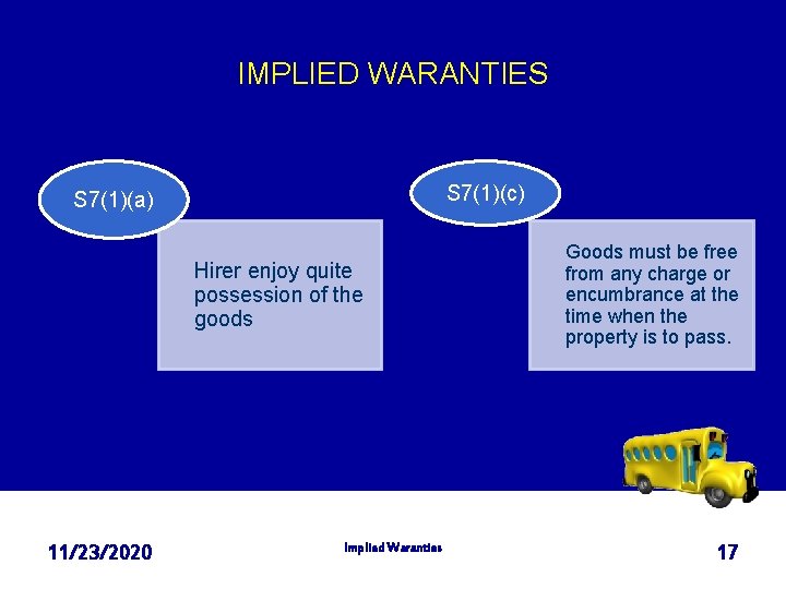 IMPLIED WARANTIES S 7(1)(c) S 7(1)(a) Hirer enjoy quite possession of the goods 11/23/2020