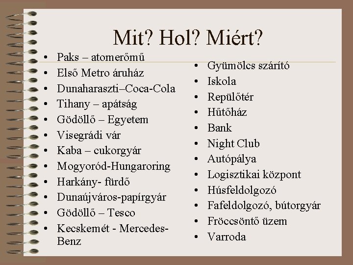 Mit? Hol? Miért? • • • Paks – atomerőmű Első Metro áruház Dunaharaszti–Coca-Cola Tihany