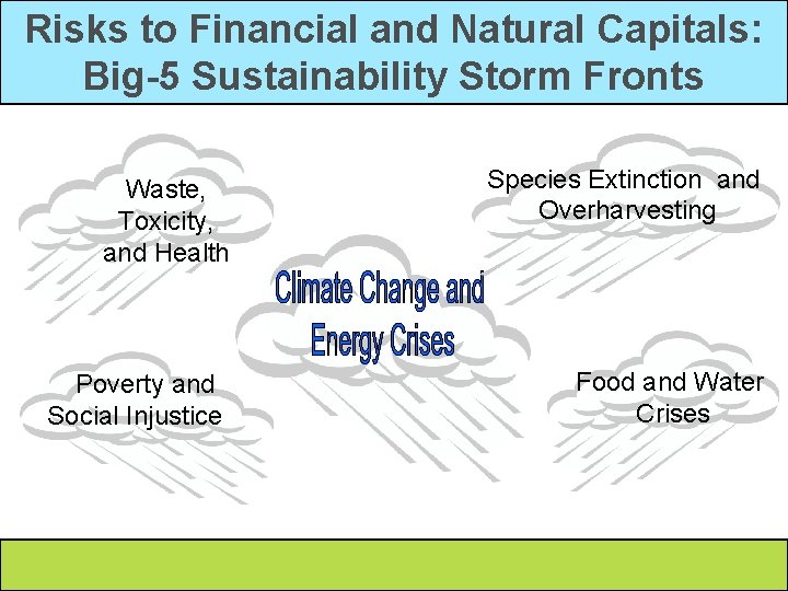 Risks to Financial and Natural Capitals: Big-5 Sustainability Storm Fronts Waste, Toxicity, and Health