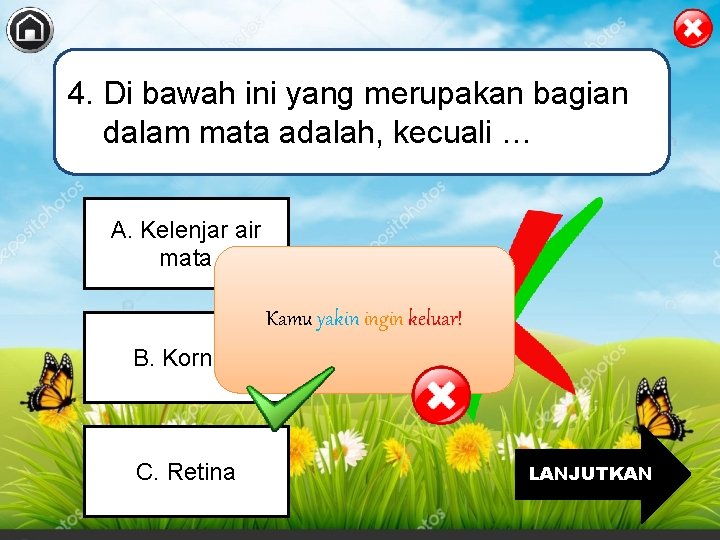 4. Di bawah ini yang merupakan bagian dalam mata adalah, kecuali … A. Kelenjar