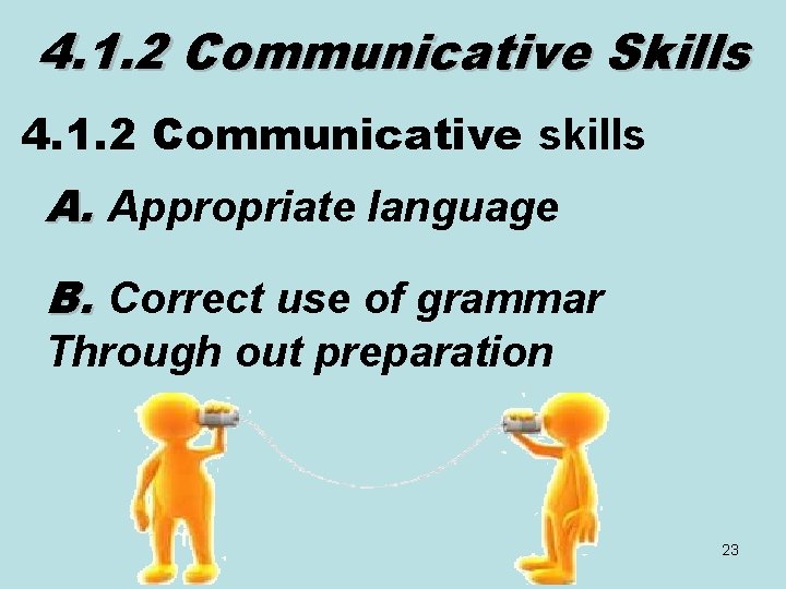4. 1. 2 Communicative Skills 4. 1. 2 Communicative skills A. Appropriate language B. 4. 1. 2 Communicative Skills 4. 1. 2 Communicative skills A. Appropriate language B.