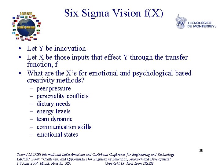 Six Sigma Vision f(X) • Let Y be innovation • Let X be those