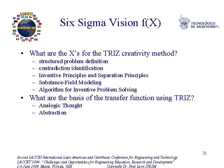 Six Sigma Vision f(X) • What are the X’s for the TRIZ creativity method?