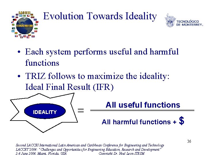 Evolution Towards Ideality • Each system performs useful and harmful functions • TRIZ follows