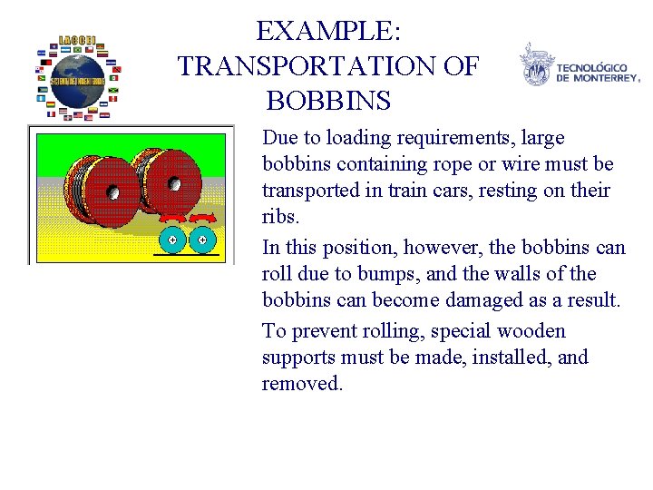 EXAMPLE: TRANSPORTATION OF BOBBINS Due to loading requirements, large bobbins containing rope or wire