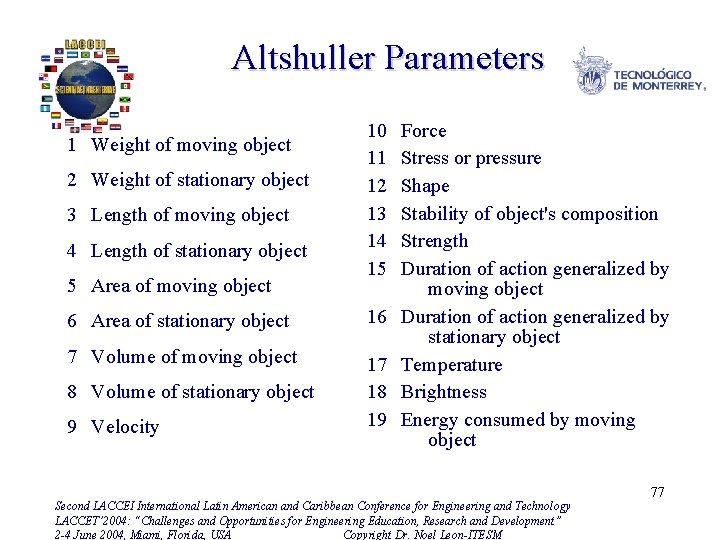 Altshuller Parameters 1 Weight of moving object 2 Weight of stationary object 3 Length