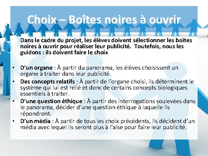 Choix – Boîtes noires à ouvrir Dans le cadre du projet, les élèves doivent