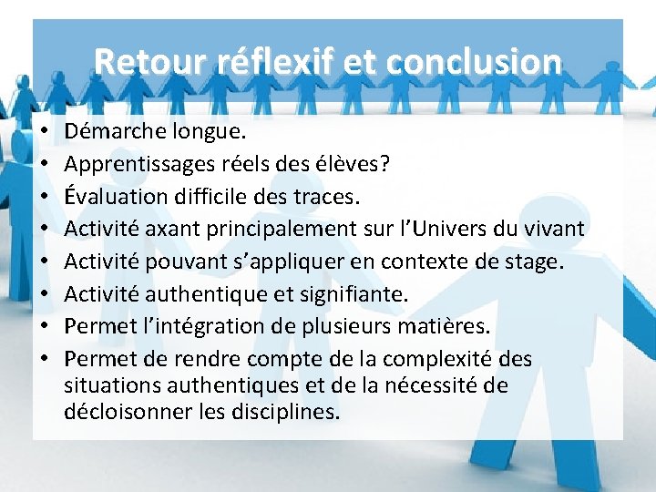 Retour réflexif et conclusion • • Démarche longue. Apprentissages réels des élèves? Évaluation difficile