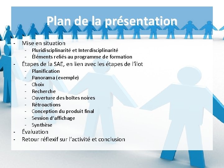 Plan de la présentation - Mise en situation - Étapes de la SAE, en