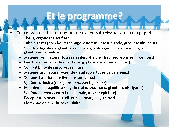 Et le programme? • Concepts prescrits au programme (Univers du vivant et technologique): –