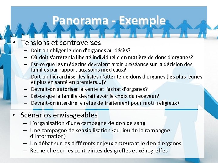 Panorama - Exemple • Tensions et controverses – Doit-on obliger le don d'organes au