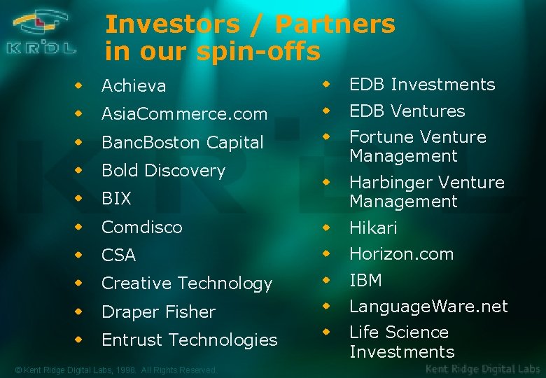 Investors / Partners in our spin-offs w Achieva w EDB Investments w Asia. Commerce.